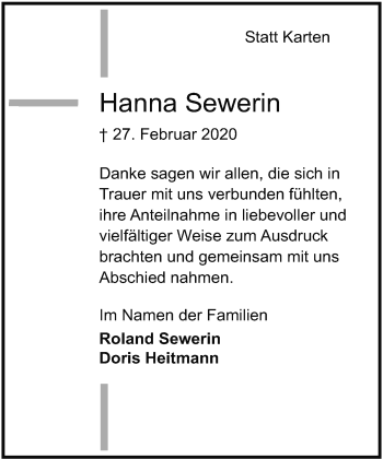 Traueranzeige von Hanna Sewerin von Neue Westfälische