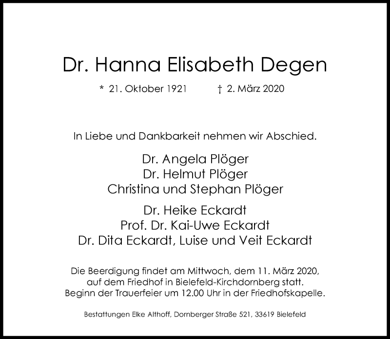  Traueranzeige für Hanna Elisabeth Degen vom 07.03.2020 aus Neue Westfälische