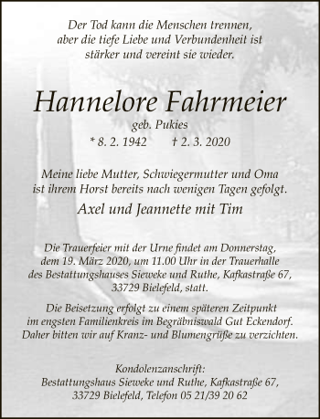 Traueranzeige von Hannelore Fahrmeier von Neue Westfälische