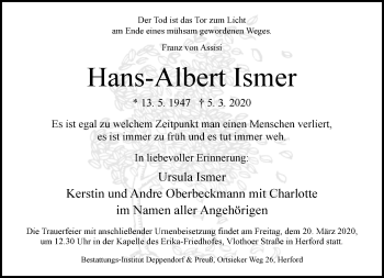 Traueranzeige von Hans-Albert Ismer von Neue Westfälische