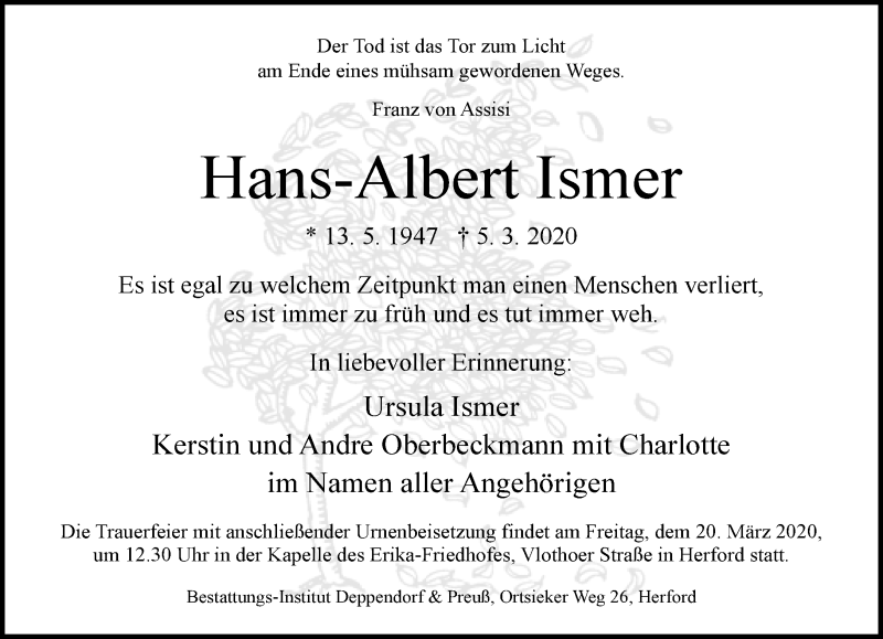  Traueranzeige für Hans-Albert Ismer vom 07.03.2020 aus Neue Westfälische