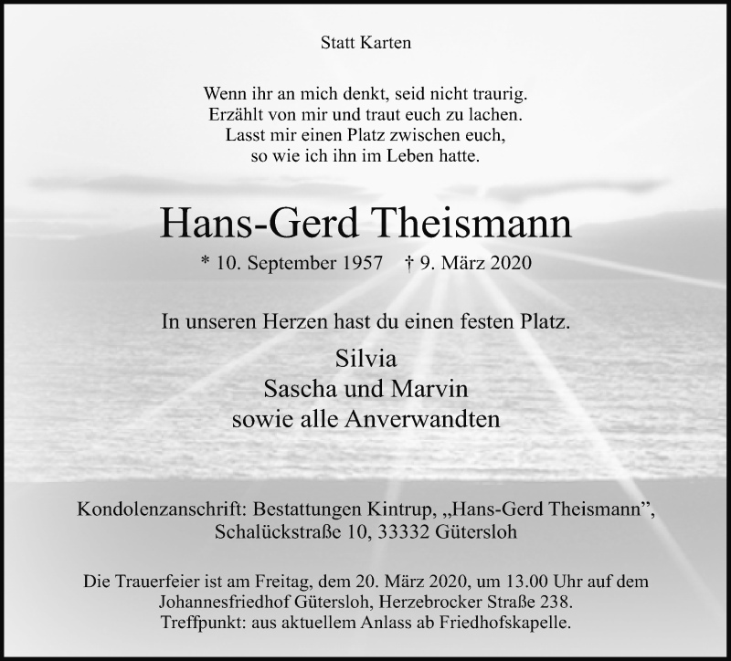  Traueranzeige für Hans-Gerd Theismann vom 17.03.2020 aus Neue Westfälische