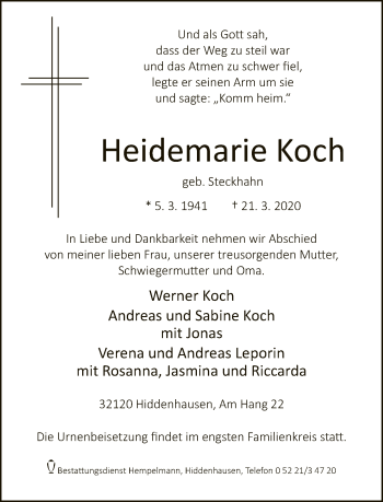 Traueranzeige von Heidemarie Koch von Neue Westfälische