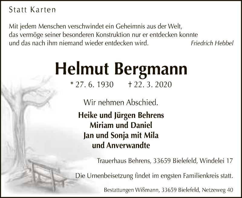  Traueranzeige für Helmut Bergmann vom 28.03.2020 aus Neue Westfälische