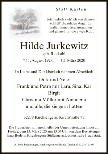 Traueranzeige von Hilde Jurkewitz von Neue Westfälische
