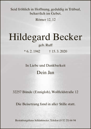 Traueranzeige von Hildegard Becker von Neue Westfälische