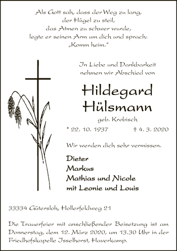 Traueranzeige von Hildegard Hülsmann von Neue Westfälische