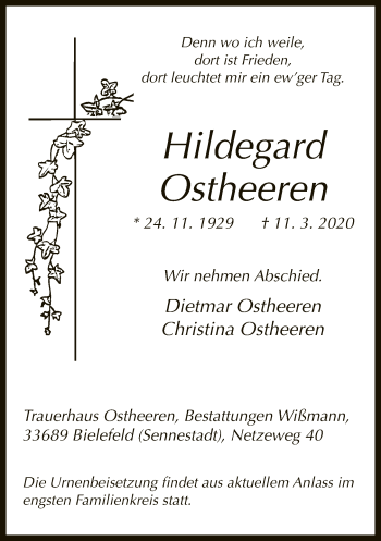 Traueranzeige von Hildegard Ostheeren von Neue Westfälische