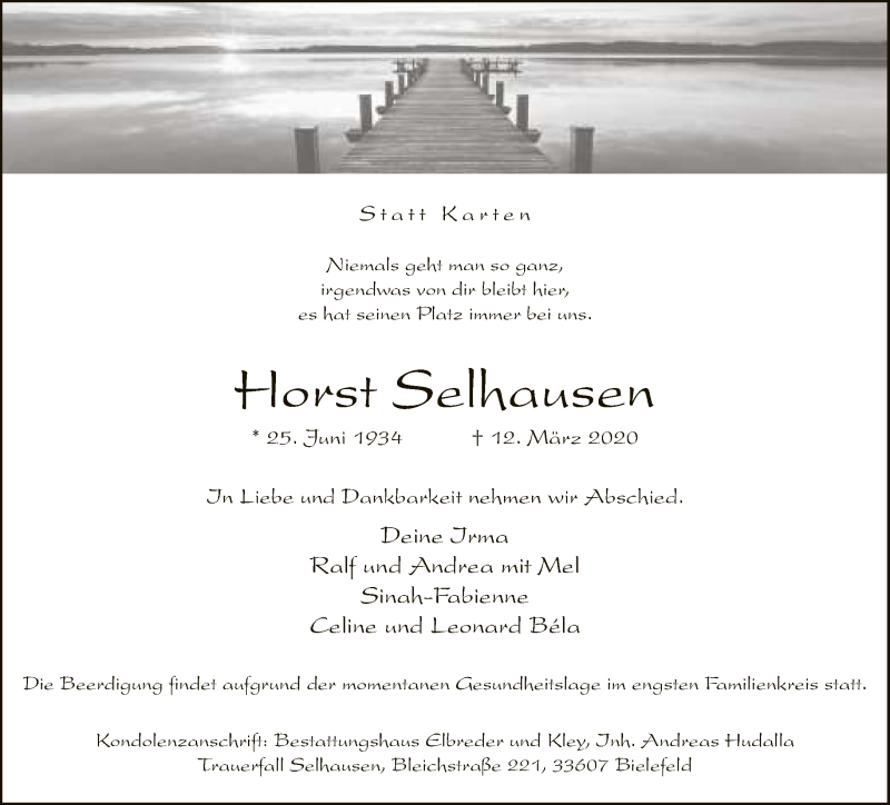 Traueranzeige für Horst Selhausen vom 21.03.2020 aus Neue Westfälische