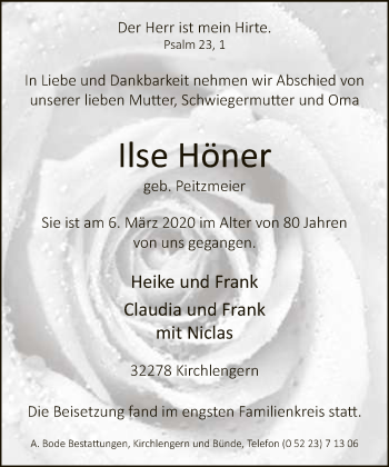 Traueranzeige von Ilse Höner von Neue Westfälische