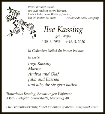 Traueranzeige von Ilse Kassing von Neue Westfälische