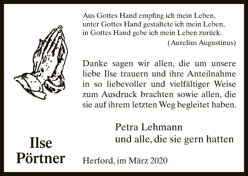  Traueranzeige für Ilse Pörtner vom 21.03.2020 aus Neue Westfälische