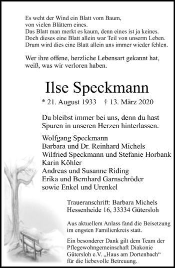 Traueranzeige von Ilse Speckmann von Neue Westfälische