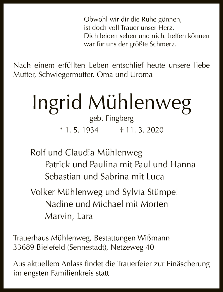 Traueranzeige für Ingrid Mühlenweg vom 14.03.2020 aus Neue Westfälische