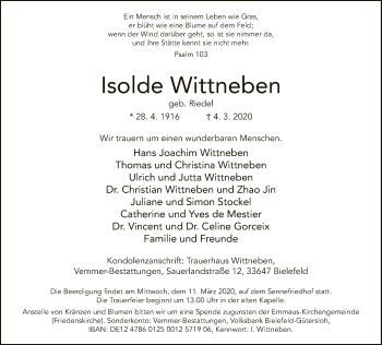 Traueranzeige von Isolde Wittneben von Neue Westfälische