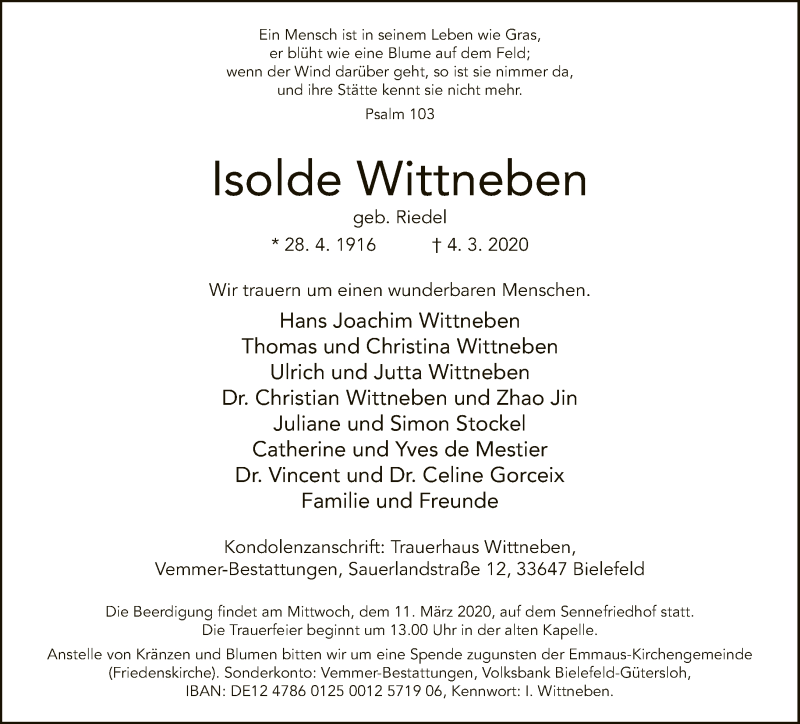  Traueranzeige für Isolde Wittneben vom 07.03.2020 aus Neue Westfälische