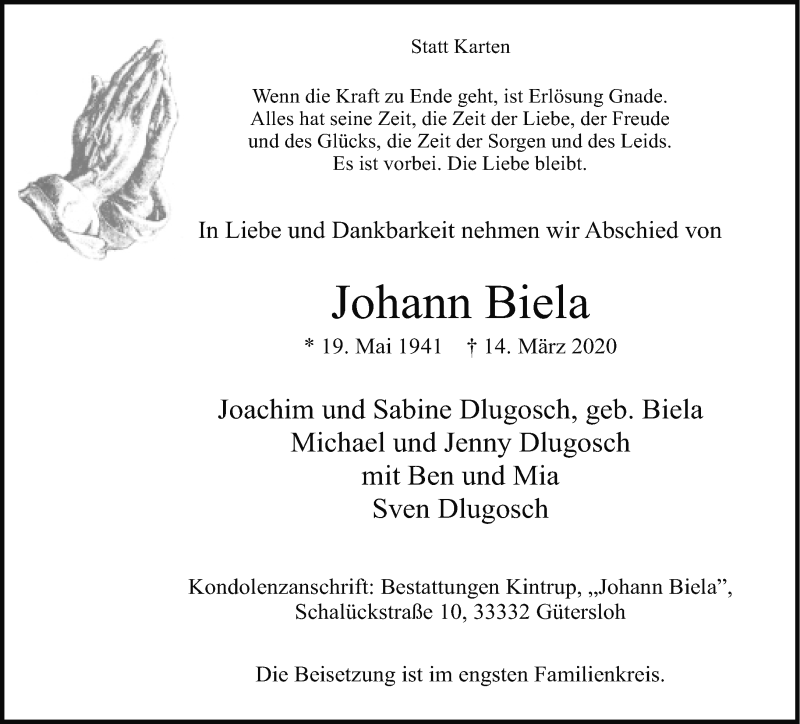  Traueranzeige für Johann Biela vom 17.03.2020 aus Neue Westfälische