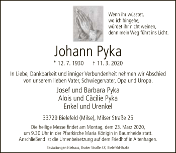 Traueranzeige von Johann Pyka von Neue Westfälische