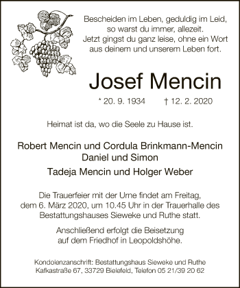 Traueranzeige von Josef Mencin von Neue Westfälische