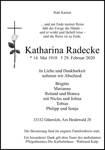 Traueranzeige von Katharina Radecke von Neue Westfälische