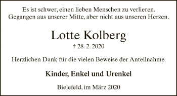 Traueranzeige von Lotte Kolberg von Neue Westfälische