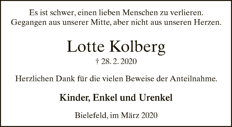  Traueranzeige für Lotte Kolberg vom 28.03.2020 aus Neue Westfälische
