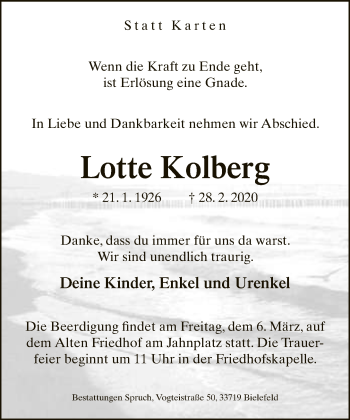 Traueranzeige von Lotte Kolberg von Neue Westfälische