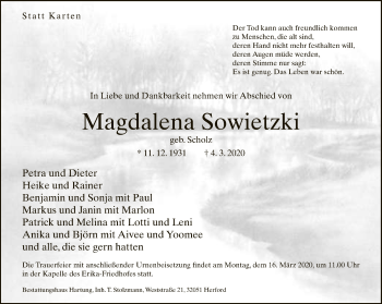 Traueranzeige von Magdalena Sowietzki von Neue Westfälische