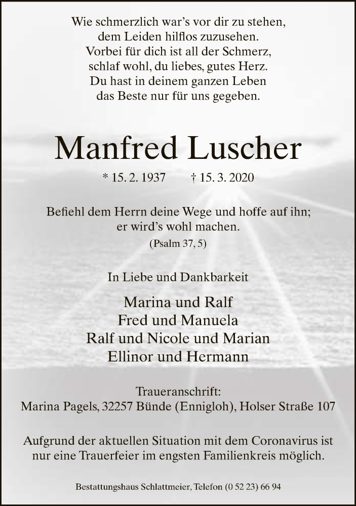  Traueranzeige für Manfred Luscher vom 21.03.2020 aus Neue Westfälische