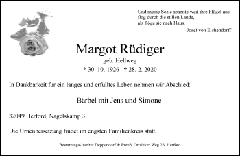 Traueranzeige von Margot Rüdiger von Neue Westfälische