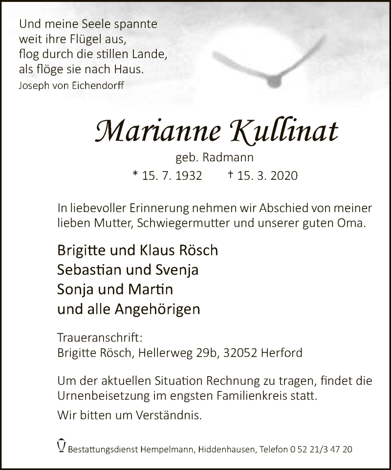  Traueranzeige für Marianne Kullinat vom 21.03.2020 aus Neue Westfälische