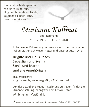 Traueranzeige von Marianne Kullinat von Neue Westfälische