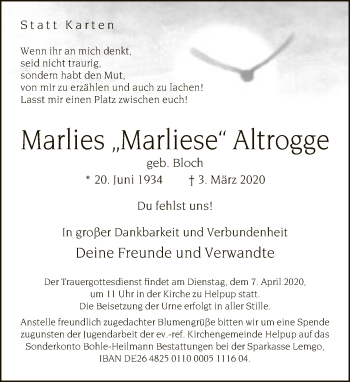 Traueranzeige von Marliese Altrogge von Neue Westfälische