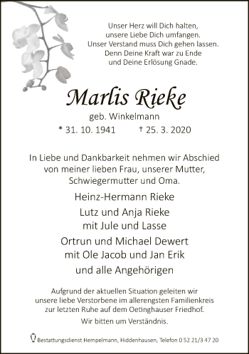 Traueranzeige von Marlis Rieke von Neue Westfälische