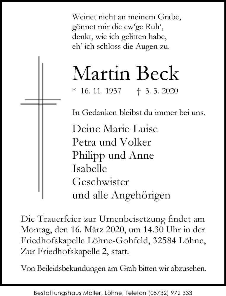  Traueranzeige für Martin Beck vom 07.03.2020 aus Neue Westfälische