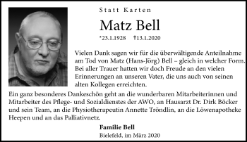 Traueranzeige von Matz Bell von Neue Westfälische