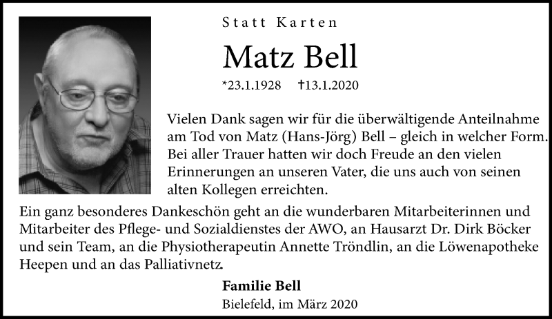  Traueranzeige für Matz Bell vom 28.03.2020 aus Neue Westfälische
