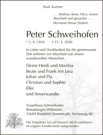 Traueranzeige von Peter Schweihofen von Neue Westfälische