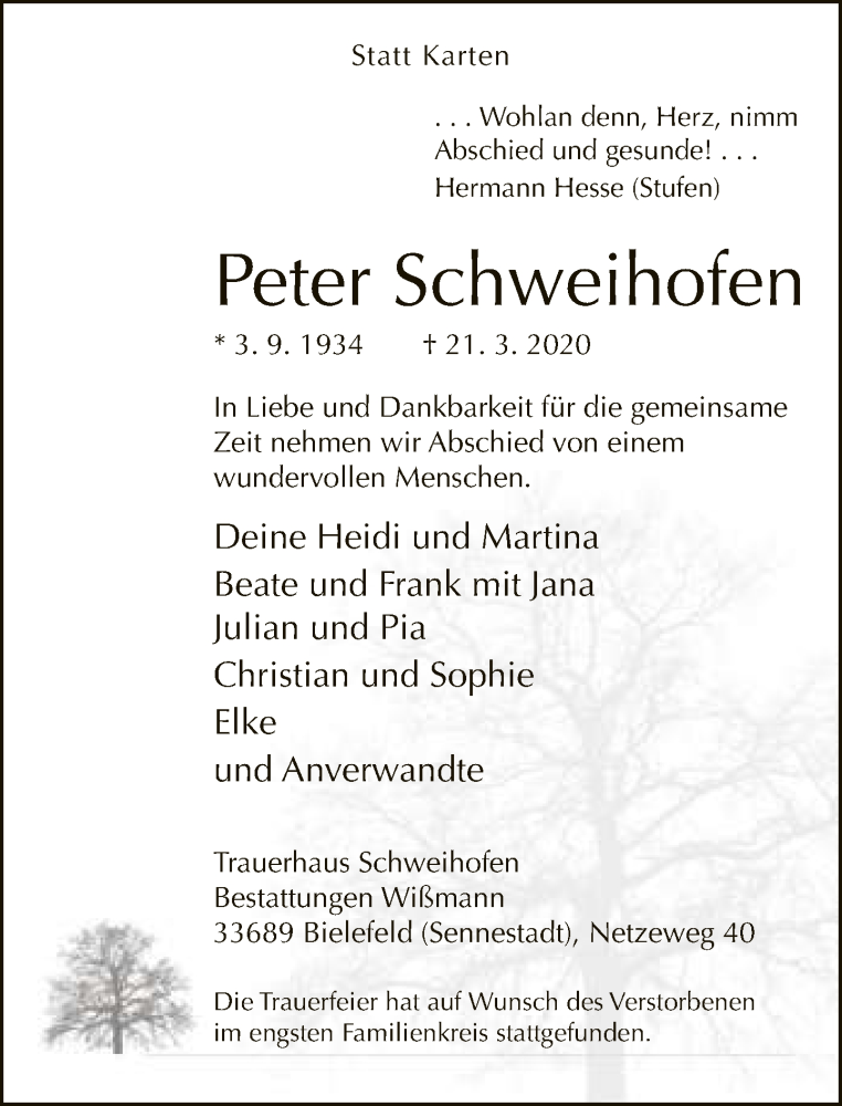  Traueranzeige für Peter Schweihofen vom 28.03.2020 aus Neue Westfälische