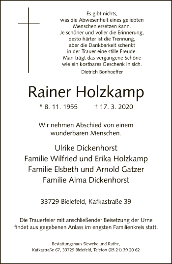 Traueranzeige von Rainer Holzkamp von Neue Westfälische