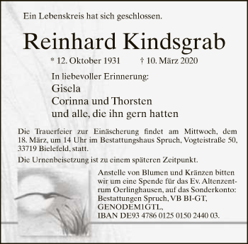 Traueranzeige von Reinhard Kindsgrab von Neue Westfälische