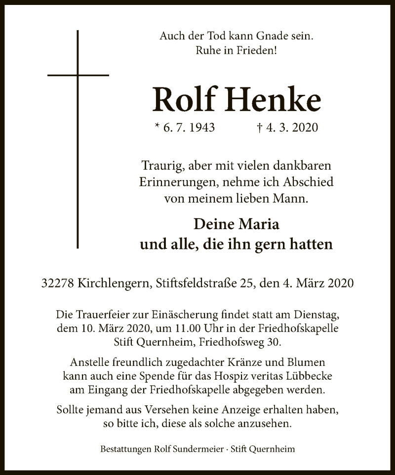  Traueranzeige für Rolf Henke vom 07.03.2020 aus Neue Westfälische
