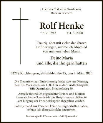 Traueranzeige von Rolf Henke von Neue Westfälische