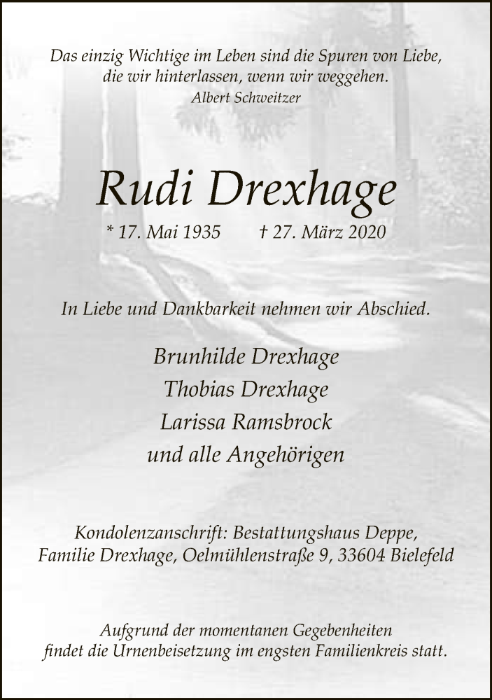  Traueranzeige für Rudi Drexhage vom 31.03.2020 aus Neue Westfälische