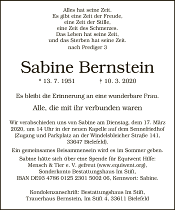 Traueranzeige von Sabine Bernstein von Neue Westfälische