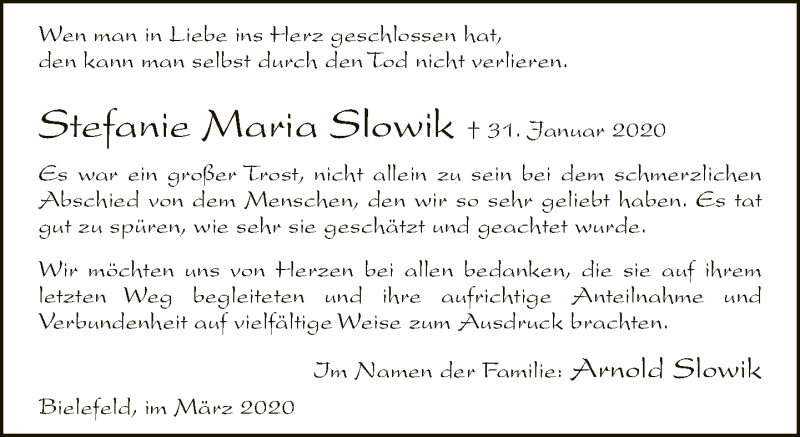  Traueranzeige für Stefanie Maria Slowik vom 07.03.2020 aus Neue Westfälische