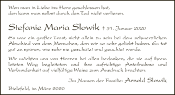 Traueranzeige von Stefanie Maria Slowik von Neue Westfälische