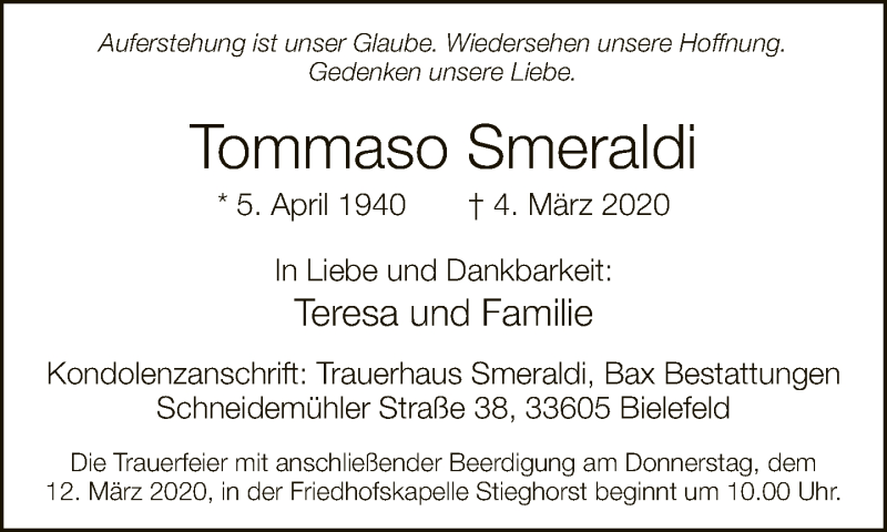 Traueranzeige für Tommaso Smeraldi vom 07.03.2020 aus Neue Westfälische