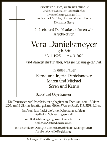 Traueranzeige von Vera Danielsmeyer von Neue Westfälische