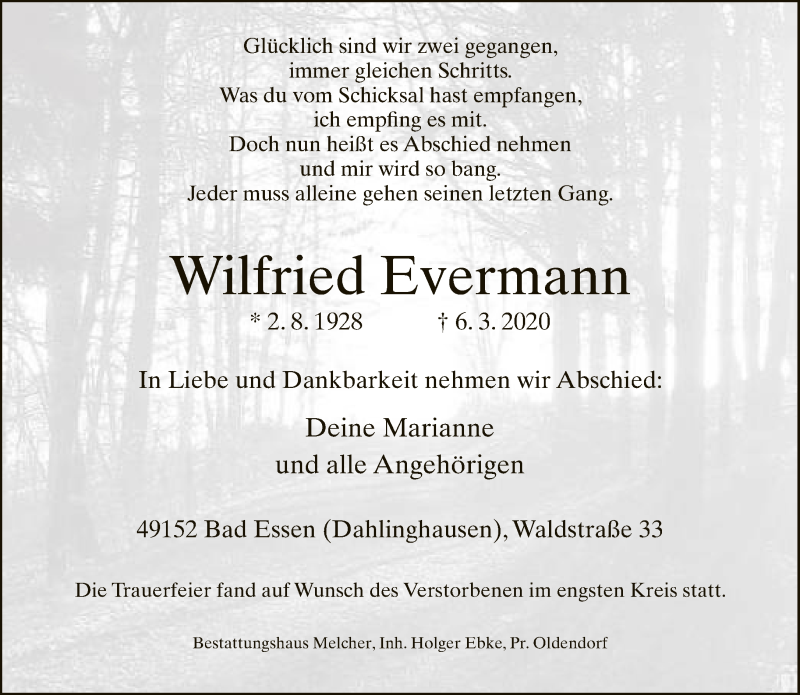  Traueranzeige für Wilfried Evermann vom 21.03.2020 aus Neue Westfälische